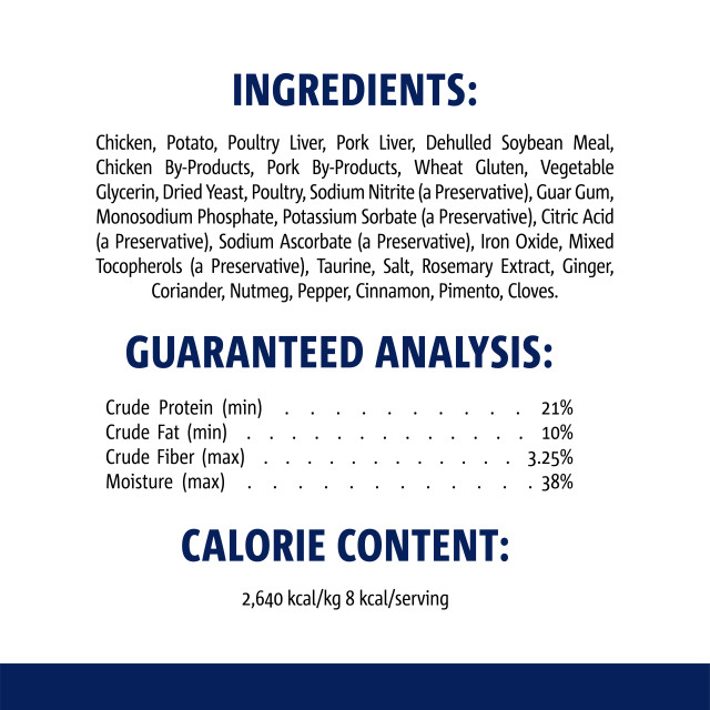 Nutrition-Image showing Meaty Morsels Mini Chicken Recipe with Pork Liver Sausage